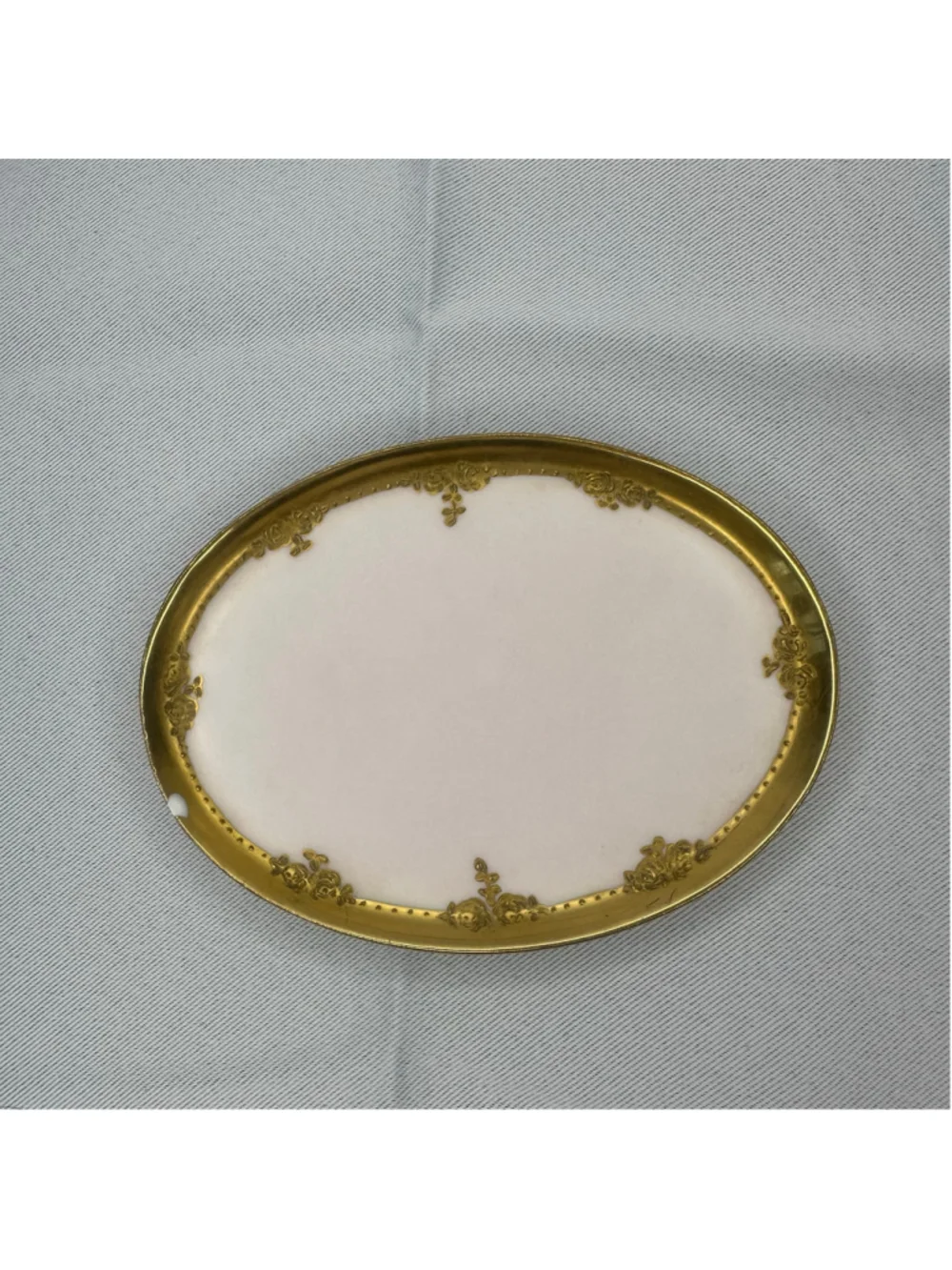Antique Haviland Limoges France Gilt Oval Porcelain Dish Tray Gold w Rose Motif